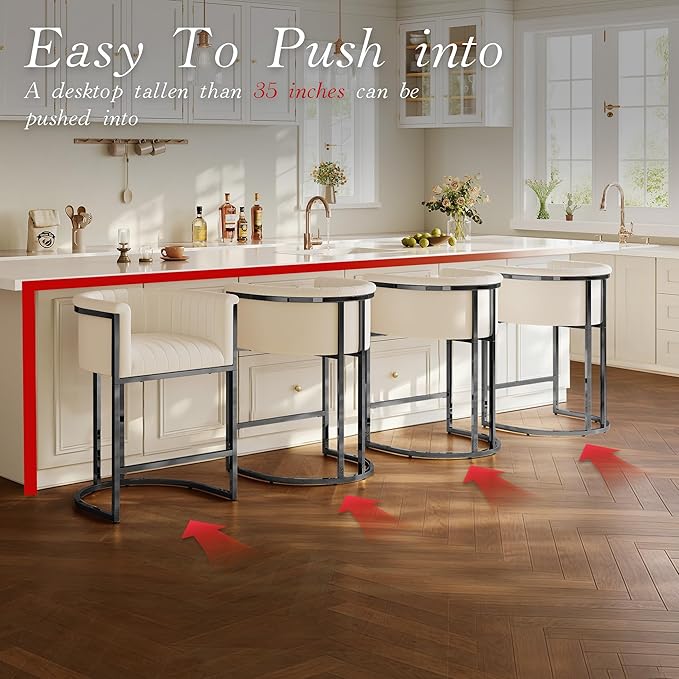 Modern Counter Height Bar Stools,Bar Stools Set of 2,Fabric Upholstered Barrel Barstools with Backs and Arms,26'' Kitchen Island Chairs,Metal Black Frames,Beige White Linen