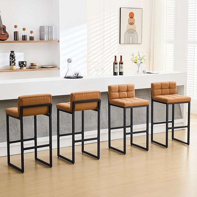FIRAVOE Bar Stools Set of 4, Upholstered Bar Height Barstools with Back and Thickened Metal Frame, Modern 30-inch Tall Bar Chairs for Kitchen Island, Bar, Counter (Caramel Brown, 4Pcs 30" Bar Stools)