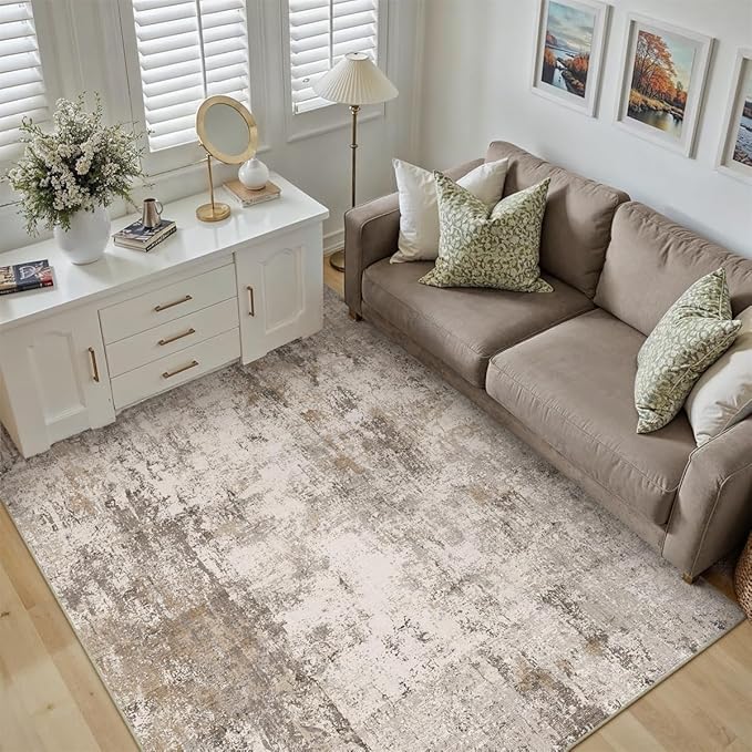 4x6 Washable Area Rug Brown Grey Abstract Non Slip Soft Low Pile Rug for Entryway Kitchen Bathroom Neutral Modern Throw Carpet for Living Room Bedroom Home Decor