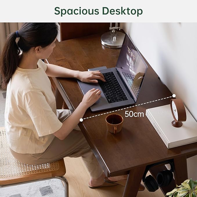 Walnut Color Home Office Desk, 100% Solid Rubber Wood Desk, Mid Century Modern Writing Computer Desk with Drawer for Sturdy Room, Bedroom 47.24" W