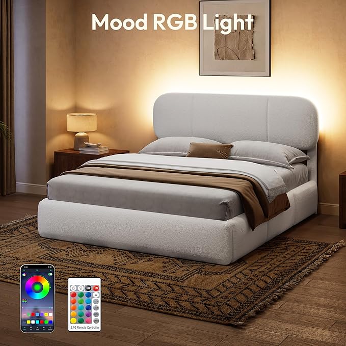 Full Size Bed Frame with Storage, Boucle Cloud Bed with 4 Locking Drawers & LED Lights, Modern Upholstered Platform Bed, Plush Sides & Footboard, Adjustable Headboard, No Box Spring, White