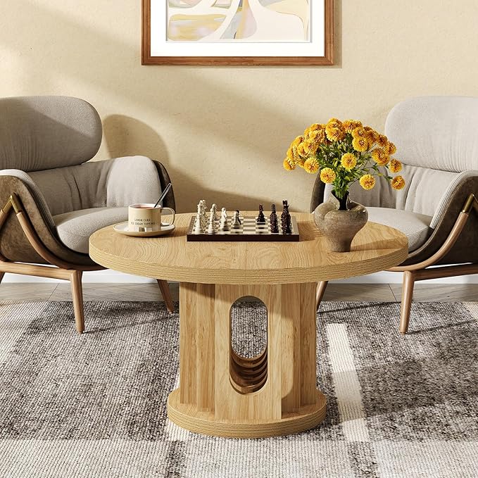 knoworld 31.5" Round Coffee Table, Small Wooden Circle Center Table Hole Panel Splice Design Coffee Tables for Living Room, Thickened Edge MDF Board, Natural Oak