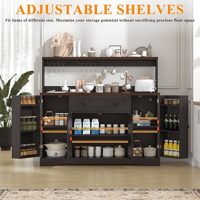 VVFLU Hutch Storage Buffet Cabinet with Drawers, and Charging Station, Coffee Bar Cabinet with Barn Doors, Wine Rack and Hooks, White Wood Sideboard Buffet for Kitchen, Dining Room, 47.8" High