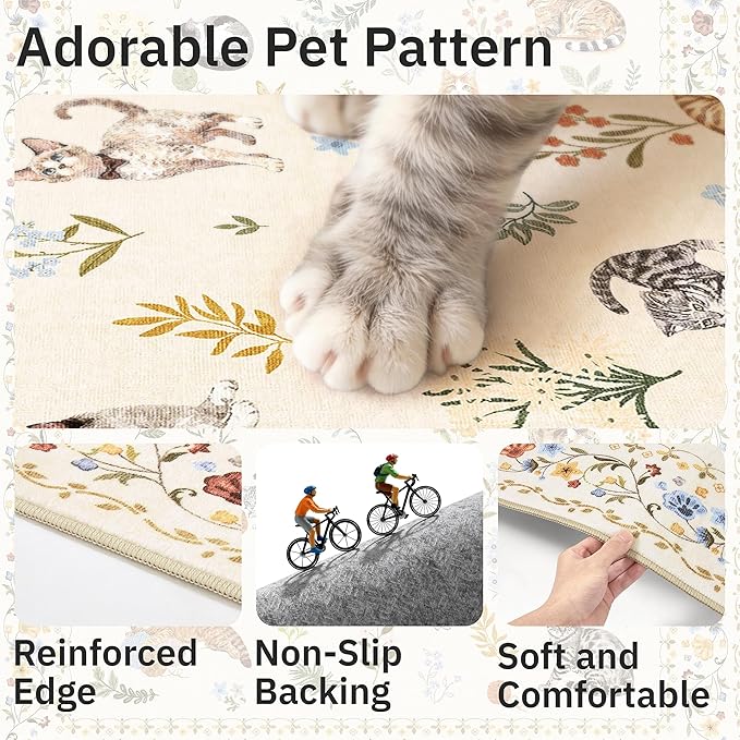 Soalmost 2x3 Cat Rugs for Entryway, Machine Washable Door Mat Animal Floral Small Area Rug Non-Slip Low Pile Soft Throw Rugs for Entrance Kitchen Indoor Front Door Kids Room (2 x 3,Beige)