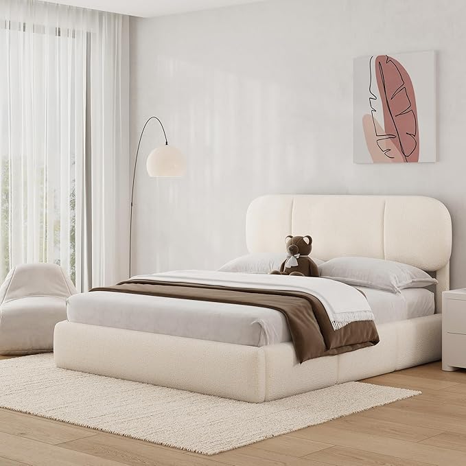 Full Size Bed Frame with Storage, Boucle Cloud Bed with 4 Locking Drawers & LED Lights, Modern Upholstered Platform Bed, Plush Sides & Footboard, Adjustable Headboard, No Box Spring, Beige