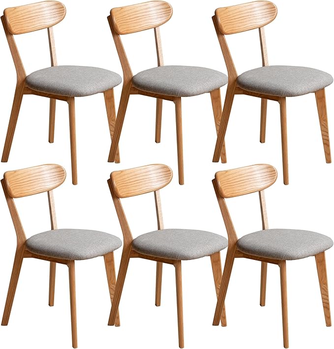 Modern Solid Wood Dining Chair Set of 6, Kitchen Dining Room Chair with Upholstered Cushion and Seat Cover, Curved Backrest, 100% FAS Grade North America Oak Wood