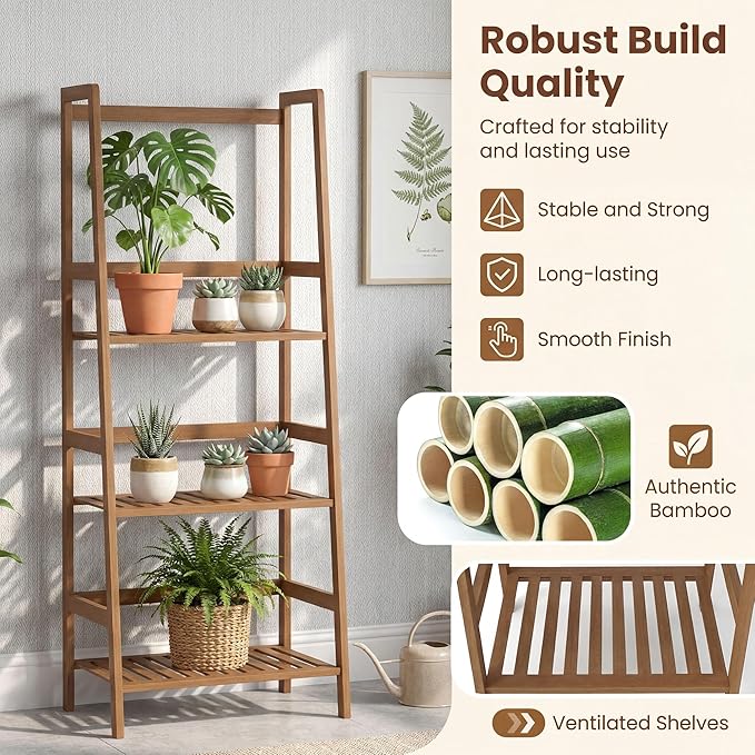 COSTWAY 4-Tier Ladder Shelf, Bamboo Plant Stand Rack, Freestanding Bookshelf, Multifunctional Storage Shelves, Flower Stand Rack Holder for Garden, Balcony, Living Room, Bedroom (Brown)