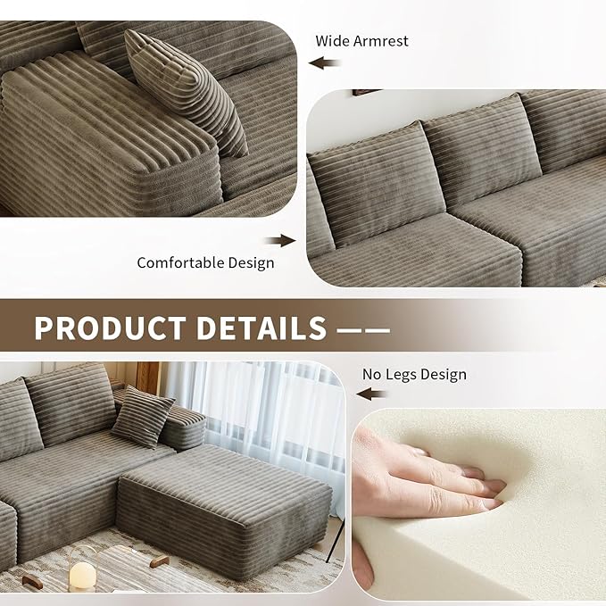 139.4" Modular Sectional Sofa, L-Shaped Minimalist Couches with Ottoman Chaise, Modern Deep Seat Convertible Sleeper Sofa,Cloud Plush Corduroy Fabric, No Assembly Required, 5 Seater, Camel