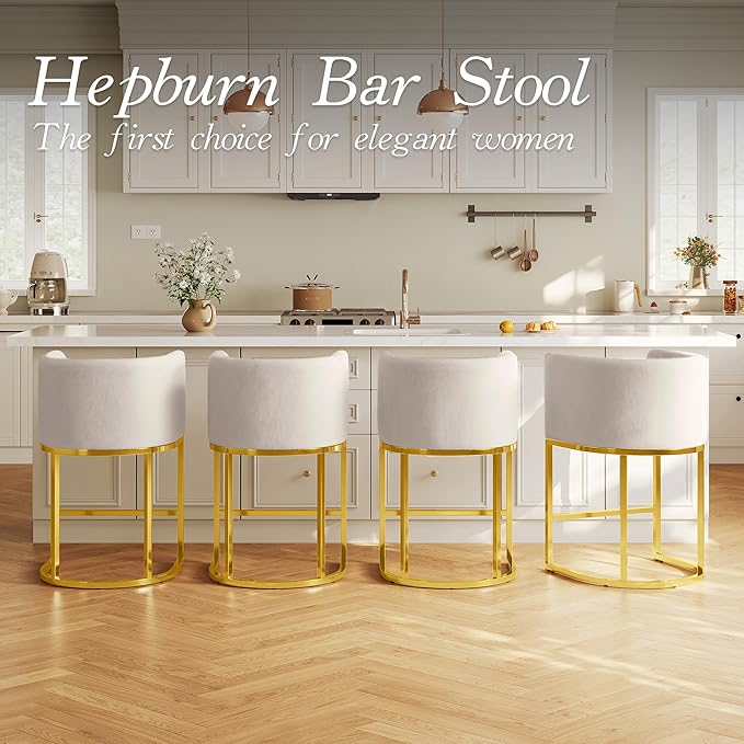 Modern Counter Height Bar Stools,Bar Stools Set of 3,Velvet Fabric Upholstered Barrel Barstools with Backs,26'' Kitchen Island Chairs,Metal Gold Frames,Beige White Velvet