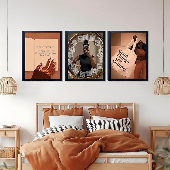 Yudinbin 3pcs Black Girl Poster African American Wall Art Decor Paintings Fashion Abstract Black Woman Poster Canvas Prints Pictures for Living Room Bedroom 12x16 inch Unframed