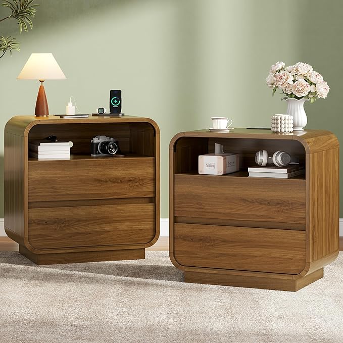 HAUOMS 25" Tall Modern Nightstand with Charging Station, 23.6" Wide Wood Bedside Table w/2 Storage Drawers, Curved Profile Design, Large Mid Century End Table for Bedroom, Living Room, Walnut