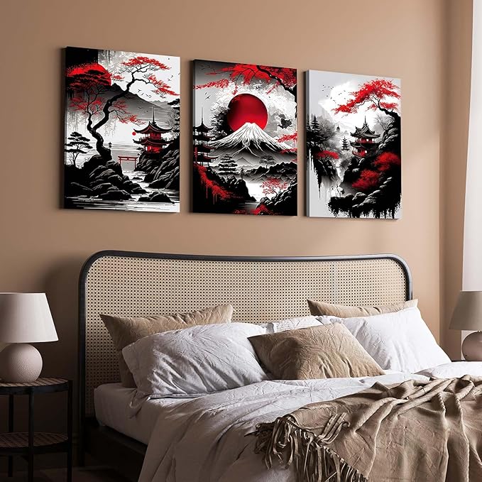 3 Piece Framed Canvas Wall Art Japanese Landscape Wall Decor with Red Sun, Mount Fuji, Pagoda & Cherry Blossom, Modern Asian Artwork for Living Room Bedroom Office, 12x16 Inch