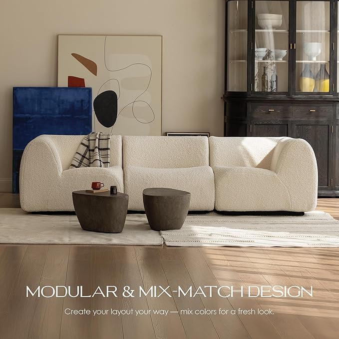 110" 3-Seater Modular Sectional Sofa, Sherpa Cloud Couch with Deep Seat Comfort, Boneless Curved Sofas with High-Density Foam Strong Support, Modern Cozy Sofa for Living Room – No Assembly, White