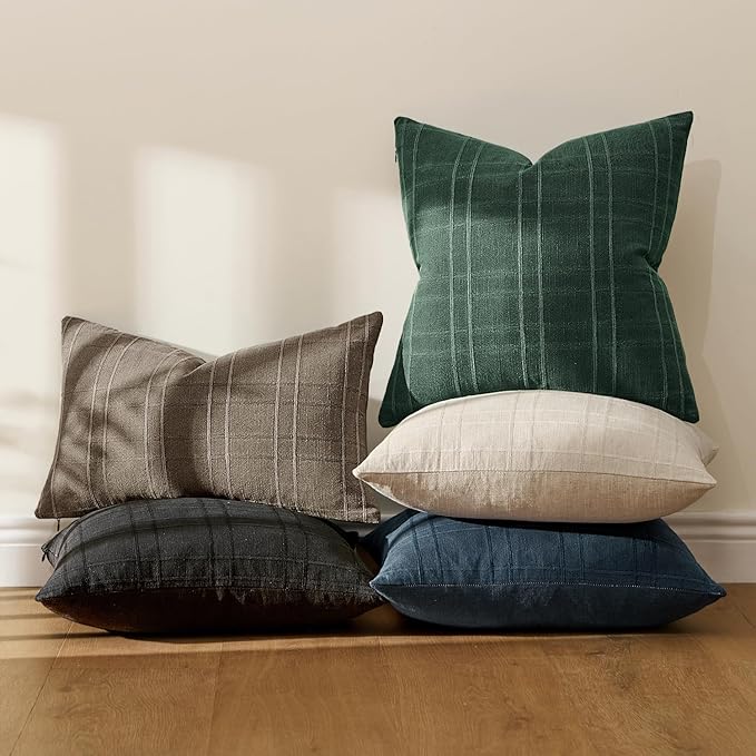 MIULEE Decorative Linen Check Throw Pillow Covers Neutral Farmhouse Vintage Spring Pillow Covers 20x20 Set of 2 Boho Modern Home Decor for Sofa Couch Bedroom Cushion Dark Green