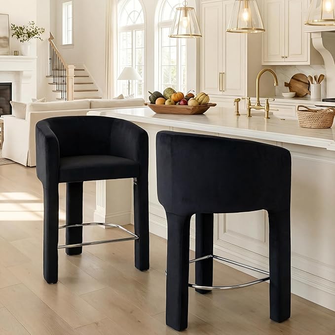 HNY Modern Counter Height Bar Stools Set of 2, 26" H Barrel Counter Stools for Kitchen Counter, Upholstered Barstools with Back and Armrest, Black Velvet Bar Stools for Kitchen Island, Black
