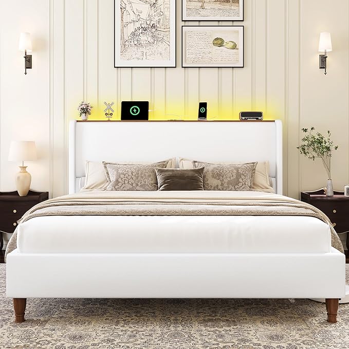 LARMACE King Size Bed Frame with LED Lights and Charging Station Linen Upholstered Platform Bed Frame with 51.2" Tall Wingback Headboard and Storage Shelf, No Box Spring Needed, Easy Assembly, White