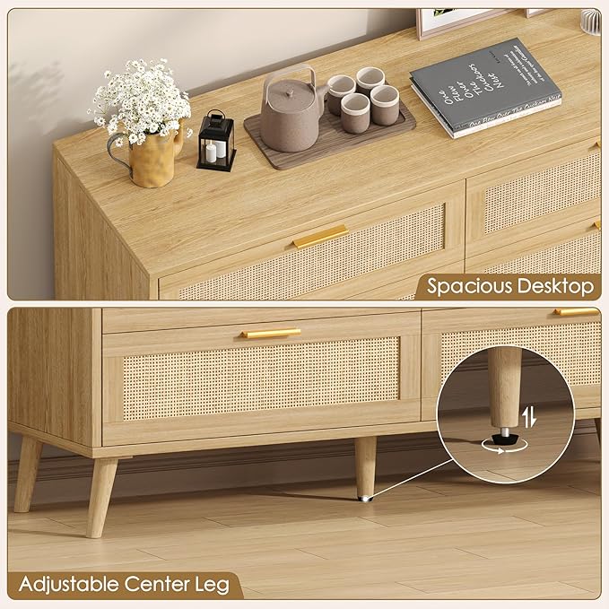 Rovaurx Rattan 6 Drawer Double Dresser for Bedroom, 47.2" Wide Boho Chest of Drawers, Modern Wooden Dresser Chest with Golden Handles, Beside Table for Closet, Living Room and Entryway, Natural Oak