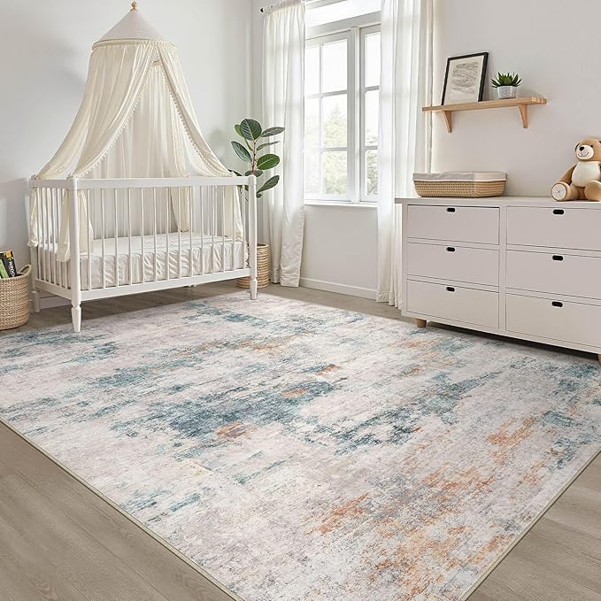 9x12 Area Rug Living Room: Washable Large Neutral Aqua Brown Rugs Abstract Soft Modern Stain Resistant Indoor Floor Non-Slip Carpet for Bedroom Nursery Kids Office Playroom Dining Room Under Table