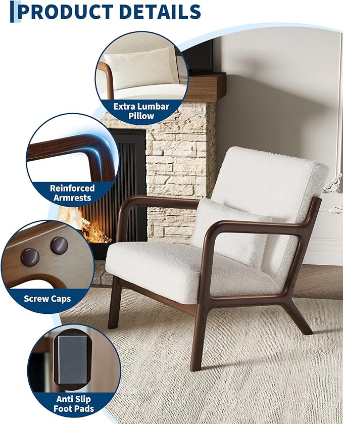 Garvee Mid-Century Modern Accent Chair, Sherpa Upholstery, Solid Wood Armchair with Removable Lumbar Pillow, Sturdy Reading Chair for Living Room, Bedroom, Guest Room, Easy Assembly, Beige