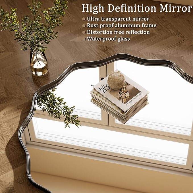 Round Wavy Mirror 42 Inch Bathroom Vanity Mirror Metal Frame Circle Wall Mounted Mirror for Bedroom Living Room Entryway Black