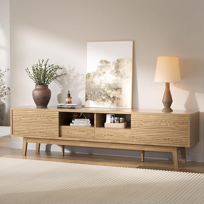 MU 70 Inch TV Stand for TVs up to 75 Inch, Mid Century Modern TV Console with Fluted Sliding Doors, Shelves & Drawers, Low Profile Entertainment Center for Bedroom, Living Room (Oak, 70")