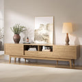 MU 70 Inch TV Stand for TVs up to 75 Inch, Mid Century Modern TV Console with Fluted Sliding Doors, Shelves & Drawers, Low Profile Entertainment Center for Bedroom, Living Room (Oak, 70")