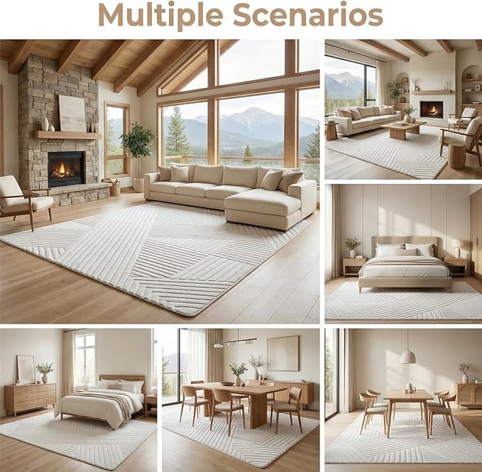 5x7 Solid Color Area Rugs, Washable Beige Modern Geometric Living Room Rug, Durable Non-Slip Soft High-Low Pile Carpet, Fluffy Floor Rugs for Bedroom, Kids Room, Nursery, Home Décor