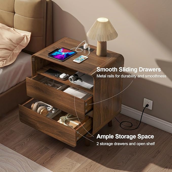 Nasonet Mid Century Modern Nightstand with Charging Station, Wood Bedroom End Tables Nightstands with Drawers, Curved Bedside Table for Living Room, Bedroom, Walnut