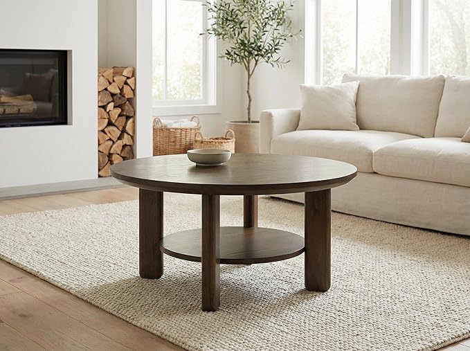 Furnifact Brown Round Coffee Table with Durable Wood Top, Leveler Glides, 200 lbs Capacity, Transitional Style, Sturdy Construction, Includes 1 Table