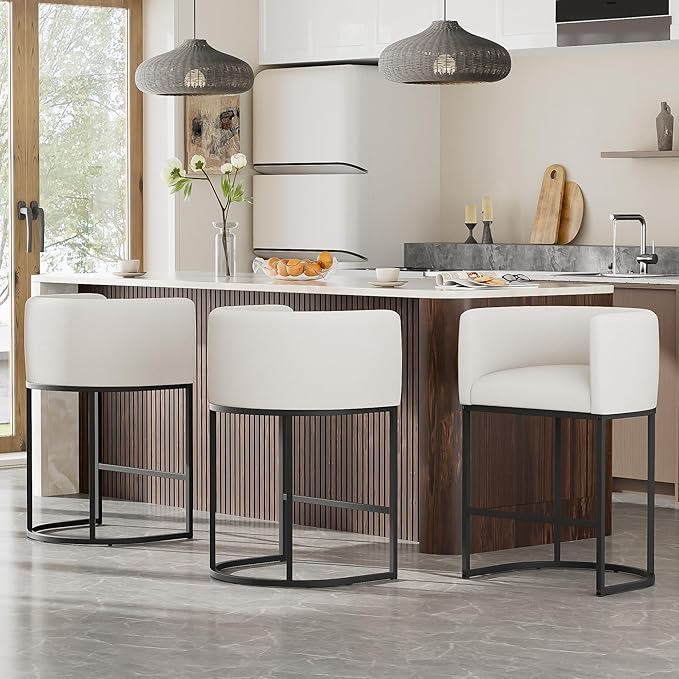 26" H Counter Height Bar Stools Set of 3, Modern Barrel Counter Stools with Backrest and Arms, Linen Fabric Upholstered Accent Barstools for Kitchen Island,Support 450 LBS (White)