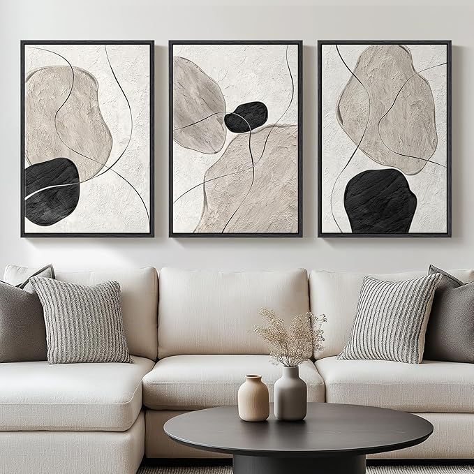 Framed Black and White Abstract Wall Art for Living Room, Large 3 Piece Neutral Minimalist Canvas Artworks, Modern Painting Prints for Dining Room Hallway Home Office Wall Decor, 24x36 In