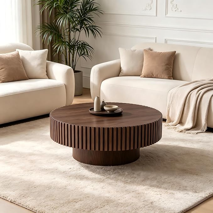 KEVINSPACE Round Coffee Table, 39" Big Wooden Fluted Coffee Table with Fluted Base, Circle Accent Center Table for Living Room Apartment Office Small Space, Easy Assembly, Walnut