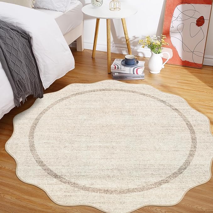 GarveeHome Scalloped Washable Round Rugs, Non-Slip Soft Round Rug 4 ft Ultra-Thin, Small Boho Circle Stain Resistant Low Pile Carpet for Entryway Kitchen Bedroom Nursery Bathroom, Beige