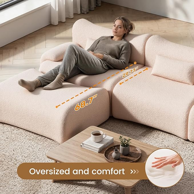 Cloud Couch Sectional, L Shaped Boneless Couches for Living Room - Oversized Modular Sofa with Deep Seats, Modern Couches with Movable Ottoman,Khaki(Pink-Toned)
