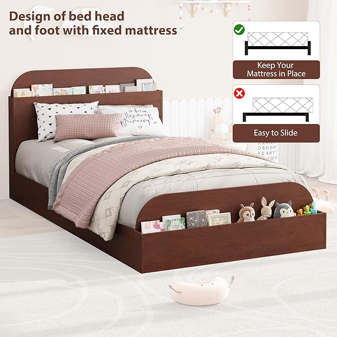 GarveeHome Twin Size Bed Frame, Wooden Beds with Storage Headboard and Raised-Foodboard for Kid, Twin-Floor Low Platform Bed for Bedroom, Sturdy Wooden Slats Support, No Box Spring Needed, Espresso