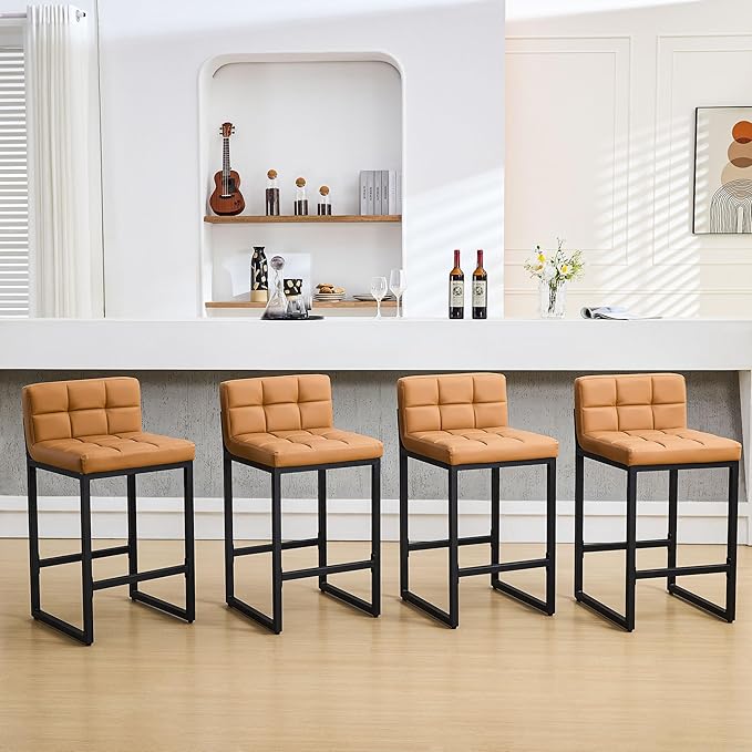 FIRAVOE Bar Height Stools Set of 4, PU Leather Barstools Modern Counter Stools with Back and Thickened Metal Legs, Bar Chairs for Kitchen Island (Caramel Brown, 4Pcs 26" Counter Stools)