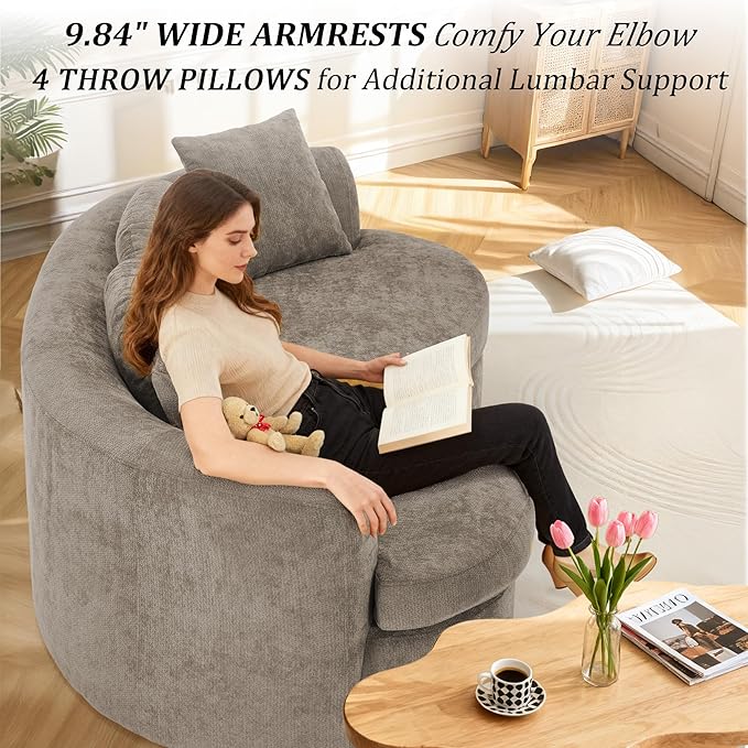 95” Modern Curved Sofa, Chenille Fabric Comfy Cloud Couch, No Assembly Required Half Moon Couch with Deep Seat, 4 Pillows for Living Room, Apartment, Bedroom