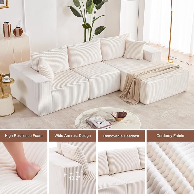 Weture 108” Modular Sectional Sofa, Cloud Sectional Couch with Deep Seat, Modern Modular L-Shape Sofa with Chaise,Upholstered Boneless Couches for Living Room (Corduroy, Beige)