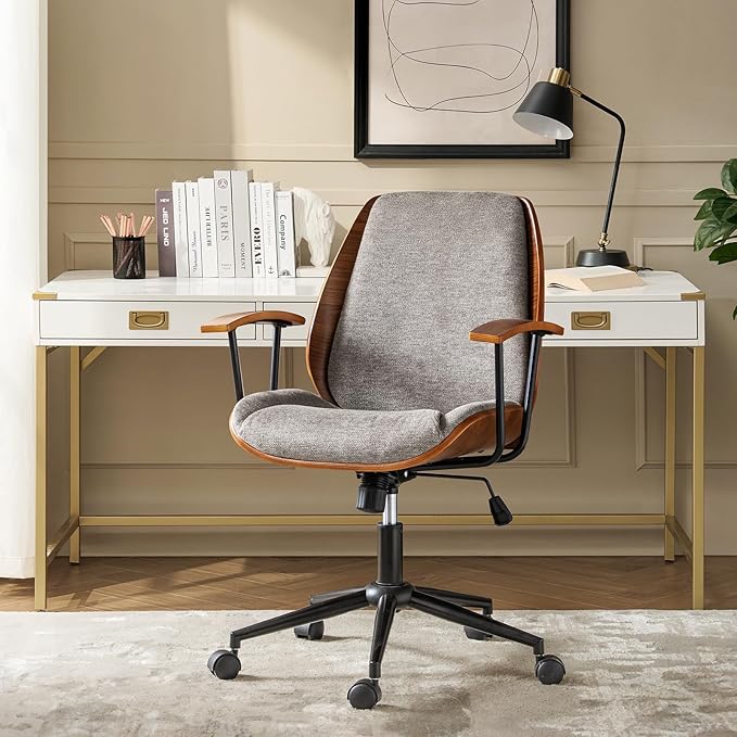 Modern Office Chair with Bentwood Polyester Upholstery Ergonomic Swivel Desk Chair with Adjustable Height for Home Office or Study Tan