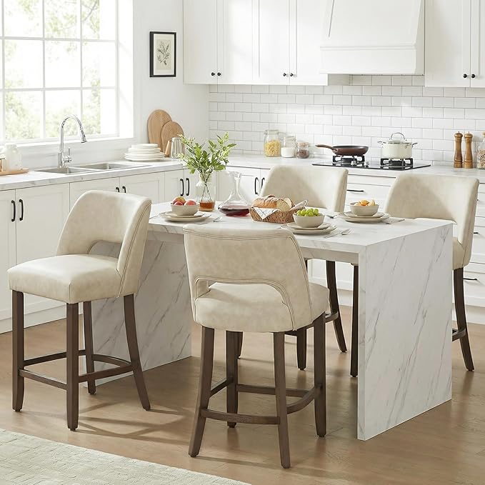VKNOW 26" Bar Stools Set of 2, Faux Leather Counter Height Bar Stools with Backrest and Rubberwood Legs, Upholstered Barstools for Kitchen Island, Bar and Dining Room, Beige