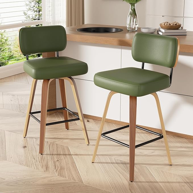Swivel Bar Stools Set of 2, 26" Upholstered Faux Leather Counter Height Barstools with Walnut Back & Bentwood Legs, Mid Century Modern Bar Chairs Island Stools for Kitchen Counter, Green