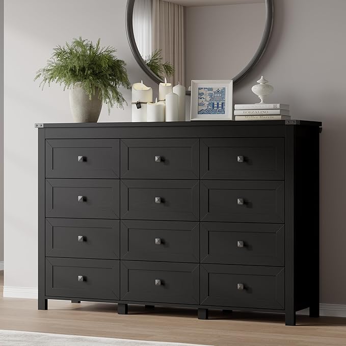 BORNOON 12-Drawer Dresser, Modern Wooden Storage Chest of Drawers, Dresser TV Stand, Wood Drawer Organizer with Metal Handles for Bedroom, Living Room, Hallway
