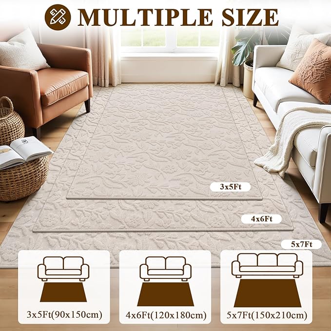 Vaukki 4x6 Area Rug for Living Room, Soft Fluffy Washable Modern Floral Indoor Floor Mat, Non Slip Shaggy Boho Accent Throw Carpet for Bedroom, Living Room, Nursery and Dining Room, Beige