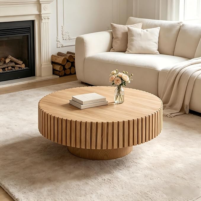 KEVINSPACE Round Coffee Table, 39" Big Wooden Fluted Coffee Table with Fluted Base, Circle Accent Center Table for Living Room Apartment Office Small Space, Easy Assembly, Wood