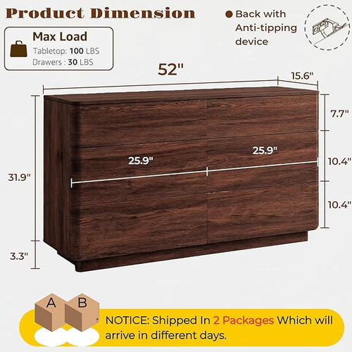 ACCOHOHO 6 Drawer Dresser for Bedroom, 52" Wide Modern Wood Dresser with Hidden Handle Drawers, Large Storage Chest of Drawers, TV Stand for Living Room & Hallway, Curved Profile Design, Dark Walnut