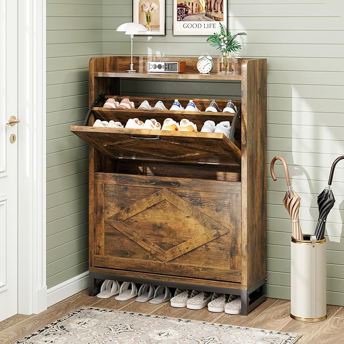 GRUSIGN Shoe Cabinet, Shoe Storage Cabinet with 2 Flip Drawers & Adjustable Shelf, Space-Saving Shoe Organizer – Holds 12+ Pairs, Narrow Shoe Cabinet Storage for Entryway/Hallway（Brown）
