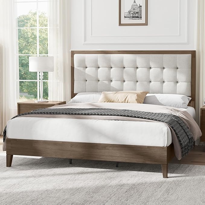 AMERLIFE Queen Bed Frame with Headboard, Solid Wooden Bed Frame Queen Size Platform Bed Mid-Century Style, No Box Spring Required, Ash Gray | Back Support, Noise-Free, Easy Care, Sturdy Frame, Breathable Material