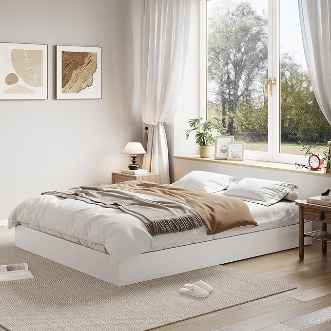 Garvee Queen Size Solid Wood Platform Bed with Sturdy Wooden Slats, Floor-Standing Bed Frame, Modern Minimalist Design Bed Frame, No Box Spring Needed, Space Saver, Easy Assembly, White