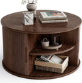 LINSY HOME Round Coffee Table, 31.5" Drum Coffee Table with Sliding Tambour Door, Fluted Accent Center Table with Storage, Mid Century Modern Coffee Table for Living Room, Walnut
