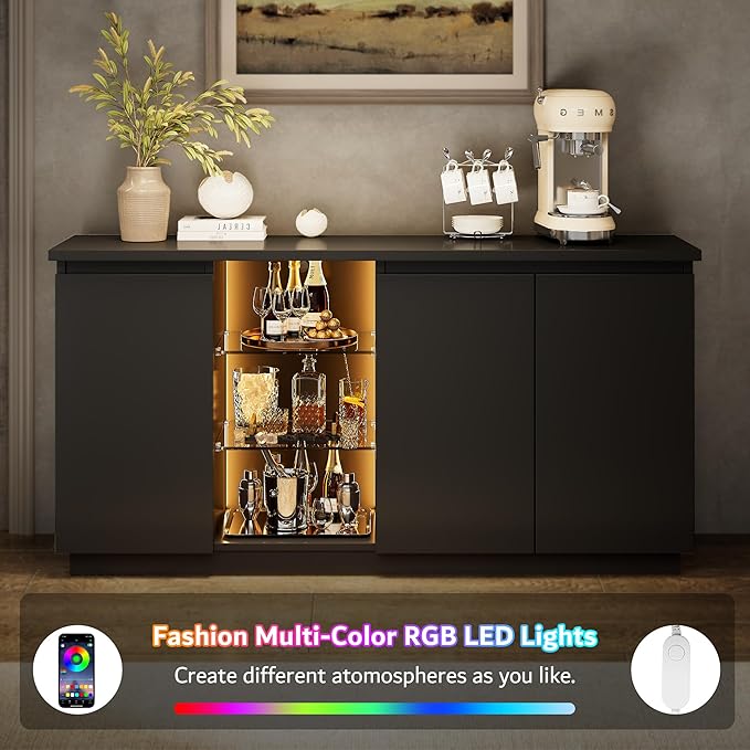 iPormis Sideboard Buffet Cabinet with Storage & LED Lights, Modern Credenza Sideboard With Doors and Adjustable Shelves, 60" Coffee Bar Table Storage Cabinet for Dining Room Kitchen Living Room, Black